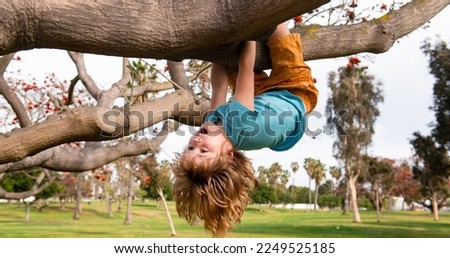 Spring banner. Childhood leisure, happy kids climbing up tree and having fun in summer park. Kid boy playing and climbing a tree and hanging branch. Child protection Foto stock © 