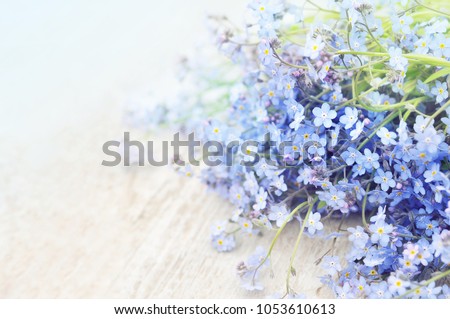 Spring blue forget-me-nots flowers posy on wooden background , pastel background, selective focus, toned floral card