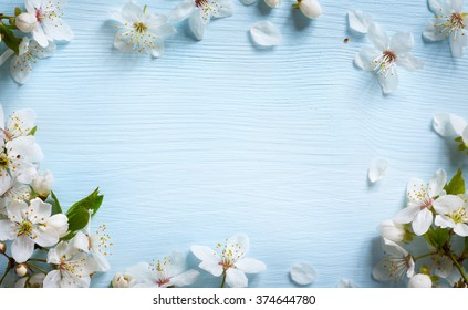 Spring border background with white blossom - Shutterstock ID 374644780