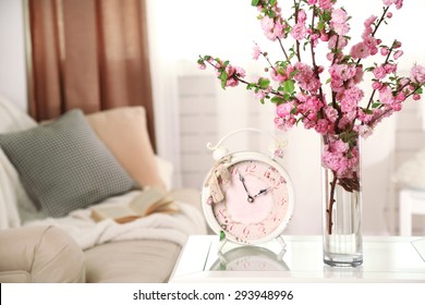 Spring Bouquet In Vase, On Table, On Home Interior Background