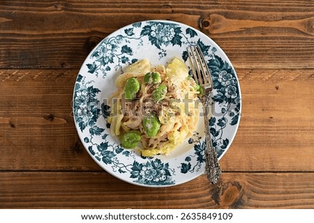 Spring cabbage and broad bean pasta with mentaiko cream sauce
