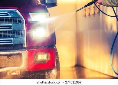 Spring Car Washing. Cleaning Full Size Pickup Truck In The Car Wash Station.