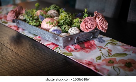 Spring Centerpiece On Wood Rustic Table