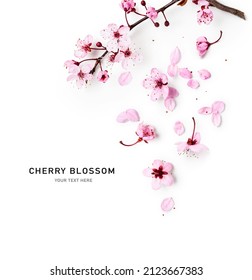 Spring cherry tree in bloom creative layout. Sakura pink flowers in springtime background. Beauty in nature. Design element. Top view, flat lay - Shutterstock ID 2123667383