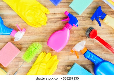 Spring cleaning concept - colorful spays and rubbers pattern
