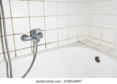 Spring cleaning concept: filthy shower armature in bath tub with black mold growing on calcifications on the tile grouting in an unclean old bathroom.