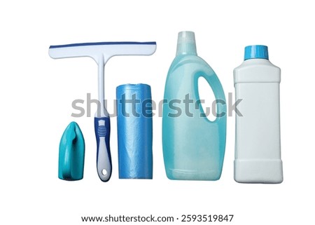 Spring cleaning, detergent bottles, garbage bags, brush and glass cleaner isolated on a white background, top view, PNG