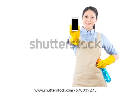 spring cleaning service sale information show on blank screen smartphone by text message holding by housewife. isolated on white background. mixed race asian chinese model.