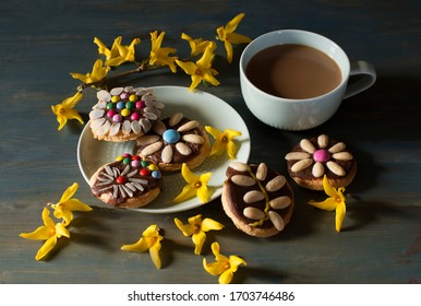 Spring coffee on a rustic background