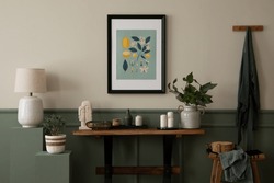 Spring Composition Of Cozy Living Room Interior With Mock Up Poster Frame, Wooden Bench, Green Stands, Stylish Lamp, Beige Bowl, Olive Tree And Personal Accessories. Home Decor. Template. 