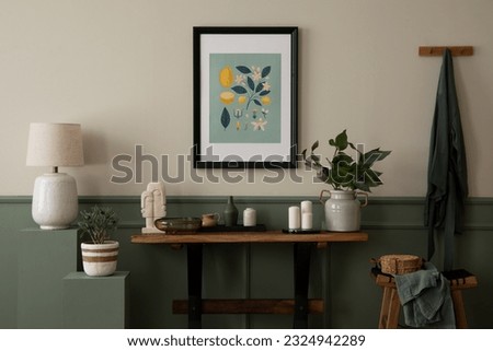 Spring composition of cozy living room interior with mock up poster frame, wooden bench, green stands, stylish lamp, beige bowl, olive tree and personal accessories. Home decor. Template. 