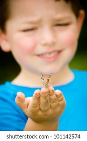 Spring concept with close up of a painted lady butterfly, Vanessa cardui, being held by child playing outdoors in nature