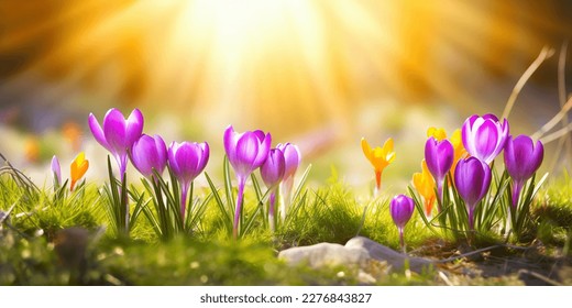 Spring crocus blossoms. Beautiful purple blooming flowers in the sunlight. Spring wildflowers - Powered by Shutterstock