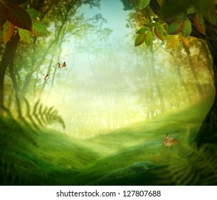 Spring design - Forest meadow. Nature Easter background with rabbit and grass in the deep forest