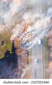 Spring Dry Grass Fire Next To A Busy Highway; Photo Taken From A Drone