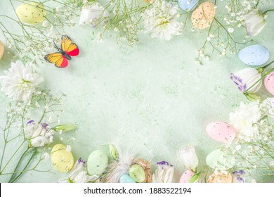 Spring Easter holiday top view  flat lay background with eggs in nests and spring flowers. Greeting card background with copy space.