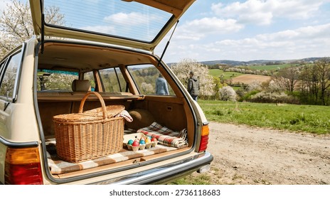 Spring Easter road trip with a vintage car parked in green countryside. Open trunk with picnic basket, colorful Easter eggs, thermos and blanket, while a young couple enjoys nature and travel