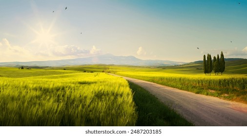 spring farmland and country road;  tuscany countryside rolling hills 
 - Powered by Shutterstock