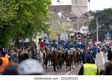 Spring Festival Named Sechseläuten With Horse Raiders In Historical Dresses At City Of Zürich On A Rainy Spring Day. Photo Taken April 24th, 2022, Zurich, Switzerland.