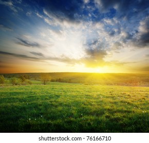 Spring Field Of Grass In Russia And Sunset