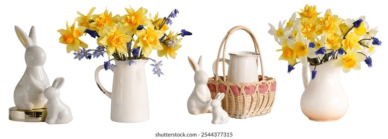 Spring floral arrangement featuring yellow daffodils and blue flowers in elegant vases, complemented by decorative Easter bunny figurines - Powered by Shutterstock