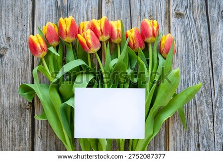 Spring floral flat lay with empty paper greeting card and fresh tulips on woodenbackground. 