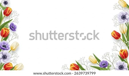 Spring Flower Border on Clean White Canvas Background