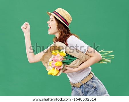 spring flower bouquet happy woman green background