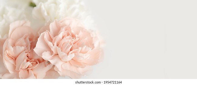 Spring Flower Bouquet Over Light Background With Copy Space. Bridal Bouquet, Online Blog Header