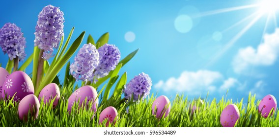 Spring flower and easter eggs on meadow - Powered by Shutterstock - Get 15% off with code: PIKWIZARD15