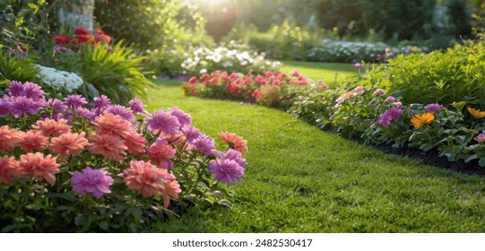 spring, the flower garden blooms, the fresh pond trees, warm green leaves make a beautiful sight - Powered by Shutterstock