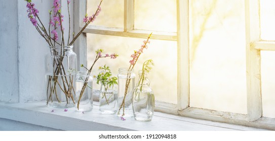 spring flowers in jars on old white windowsill