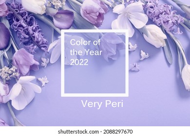  spring flowers on  purple background, color of year 2022