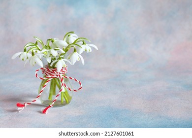 Spring flowers snowdrops in a vase and a red and white bow made of rope on a decorative background. Space for congratulations text for the holiday in March.