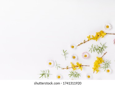 Spring frame of small flowers and daisy, floral arrangement - Shutterstock ID 1741311920