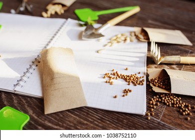 Spring Garden Preparation For Sowing Vegetable Seeds And Planning. Pumpkin, Coriander With Labels, Peat Pots And Tools On Note Book. Seasonal Garden Work.