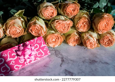 Spring gift set. Present box, flowers bouquet, festive decor. Valentines or Mother's Day, Wedding concept.Stylish greeting card - Shutterstock ID 2277779307