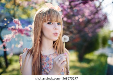 Spring, Girl Near A Flowering Tree