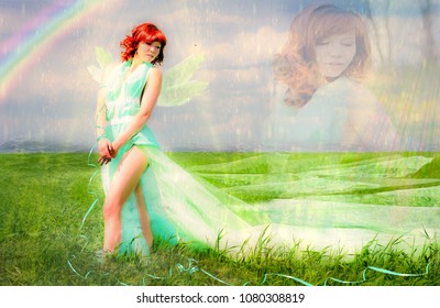 Spring goddess of green field. A girl in a green dress with a long edge walks the green field of winter wheat, like a goddess, a muse of nature.