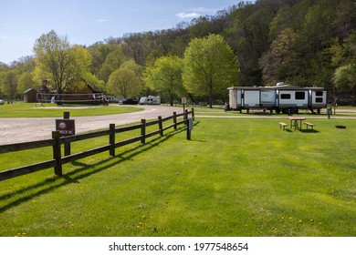 SPRING GROVE, MN, USA - 05-10-21 - Spring RV Camping At A Rural Southeast Minnesota RV Campground Provides Plenty Of Green Grass And Trees For Families.