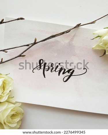 Spring hand logotype, badge typography icon. Lettering spring season with leaf for greeting card, invitation template.