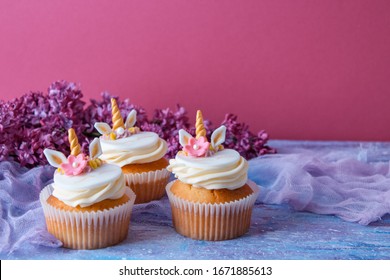 Spring, Holiday Cupcakes Unicorns. Free Space For Text