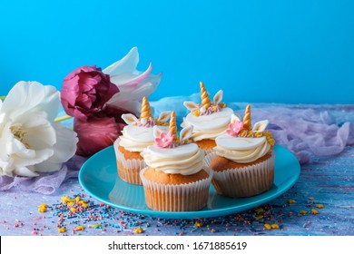 Spring, Holiday Cupcakes Unicorns. Free Space For Text