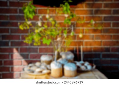 Spring holiday at Sunday. Eastertide and Eastertime. Good Friday. Easter blurred background composition. Happy Easter holiday defocused background. Easter hunt. Easter brunch.