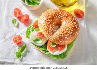 Spring Homemade Bagels Mozzarella Cherry Tomatoes Stock Photo ...