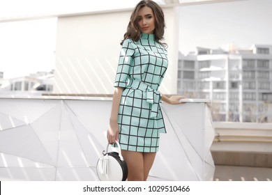 Spring Image Of Young Elegant Student,teenager Lady,suit And Bag,heels Shoes,morning Breakfast,at Cafe,volume Hair,weekend Outfit,spring Outfit,round Clutch Bag,woman Lifestyle,waiting Friends