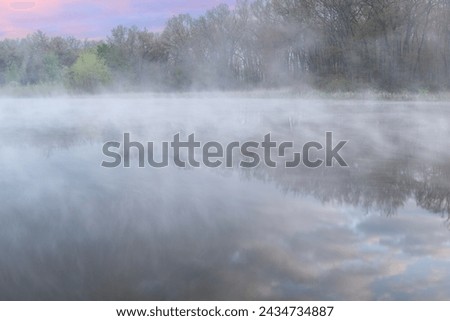 Spring landscape at dawn of the shoreline of Deep Lake in fog with mirrored reflections in calm water, Yankee Springs State Park, Michigan, USA