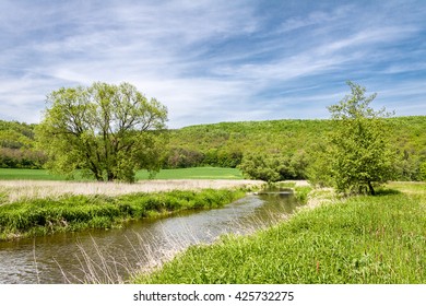 Spring landscape with green meadow, river, trees and blue sky with white clouds. Oslava river, Czech Republic, Europe. - Shutterstock ID 425732275