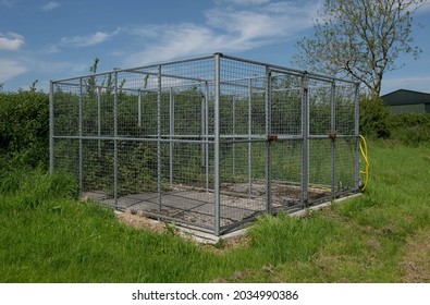 Spring Landscape with a Heavy Duty Outdoor Metal Dog Kennel with Two Dog Runs and a Bright Blue Sky Background on a Farm in Rural Devon, England, UK