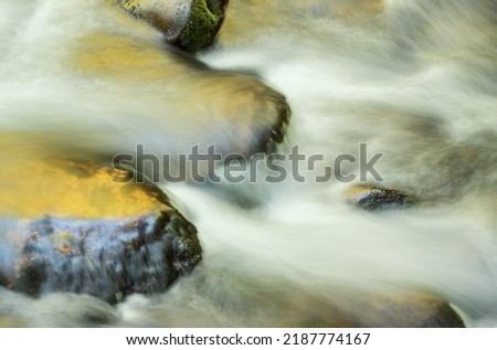 Spring landscape of the Oconaluftee River captured with motion blur and illuminated by reflected color from sunlit foliage, Great Smoky Mountains National Park, North Carolina, USA
